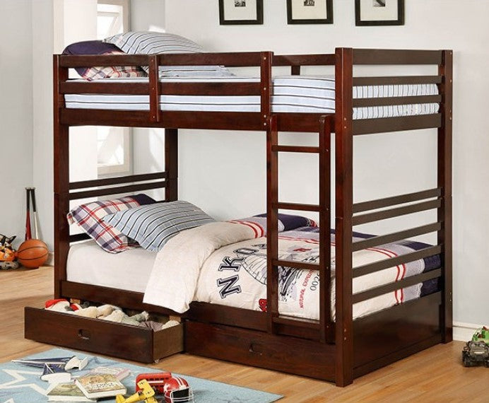 Lukka Twin Twin Dark Walnut Storage Drawers Bunkbed Wooden bunk bed with storage drawers in a room setting.