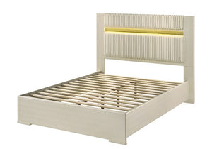 Luna Modern Beige Gold Accent Led Bed Beige bed frame with woven headboard on a white background