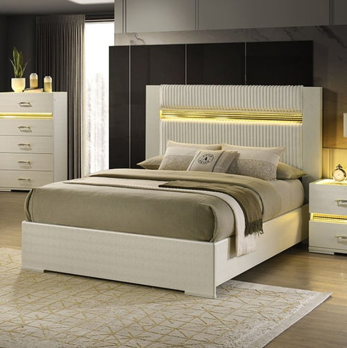 Luna Modern Beige Gold Accent Led Bed Modern bedroom with a white bed, nightstands, and headboard with built-in lighting.