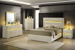 Luna Modern Beige Gold Accent Led Bed Modern bedroom with white furniture, including a bed, dresser, and nightstands, featuring LED lighting.