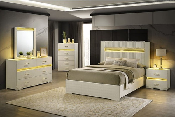 Luna Modern Beige Gold Accent Led Bed Modern bedroom with white furniture, including a bed, dresser, and nightstands, featuring LED lighting.