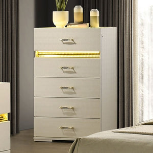 Luna Modern Beige Gold Accent Led Chest Beige dresser with gold accents in a bedroom setting