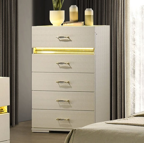 Luna Modern Beige Gold Accent Led Chest Beige dresser with gold accents in a bedroom setting