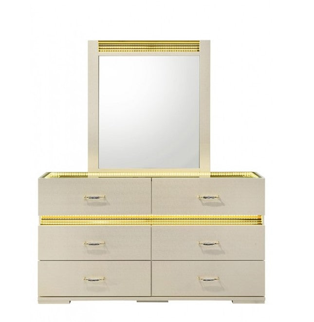 Luna Modern Beige Gold Accent Led Dresser White dresser with gold accents and a mirror in a room setting.