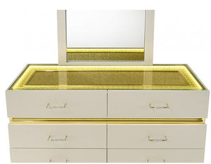 Luna Modern Beige Gold Accent Led Dresser Beige jewelry box with gold accents and mirror on a white background