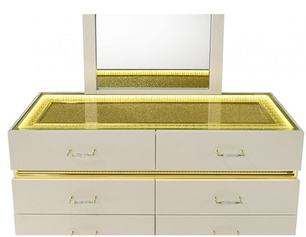 Luna Modern Beige Gold Accent Led Dresser Beige jewelry box with gold accents and mirror on a white background