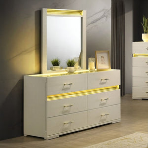 Luna Modern Beige Gold Accent Led Dresser White dresser with gold accents and a mirror in a room setting.