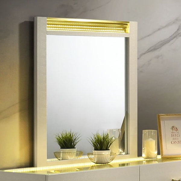 Luna Modern Beige Gold Accent Led Mirror Decorative mirror with LED lighting on a shelf with plants and candles.
