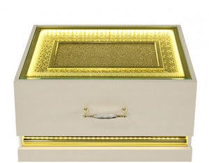 Luna Modern Beige Gold Accent Led Nightstand Decorative jewelry box with gold accents on a white background
