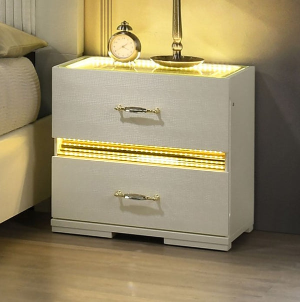 Luna Modern Beige Gold Accent Led Nightstand White nightstand with gold accents in a bedroom setting