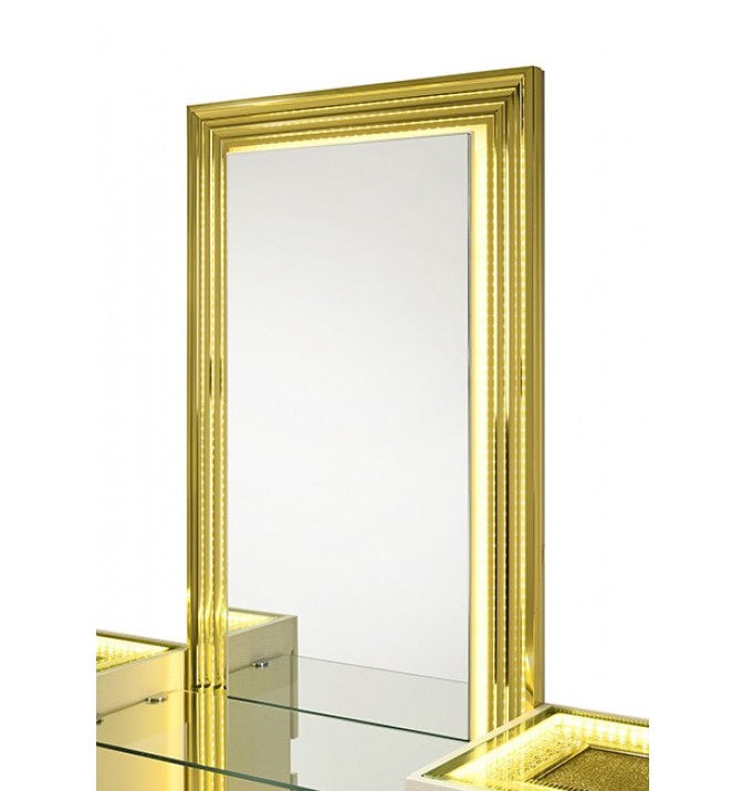 Luna Modern Beige Gold Accent Vanity Dressing table with mirror and lights in a room setting