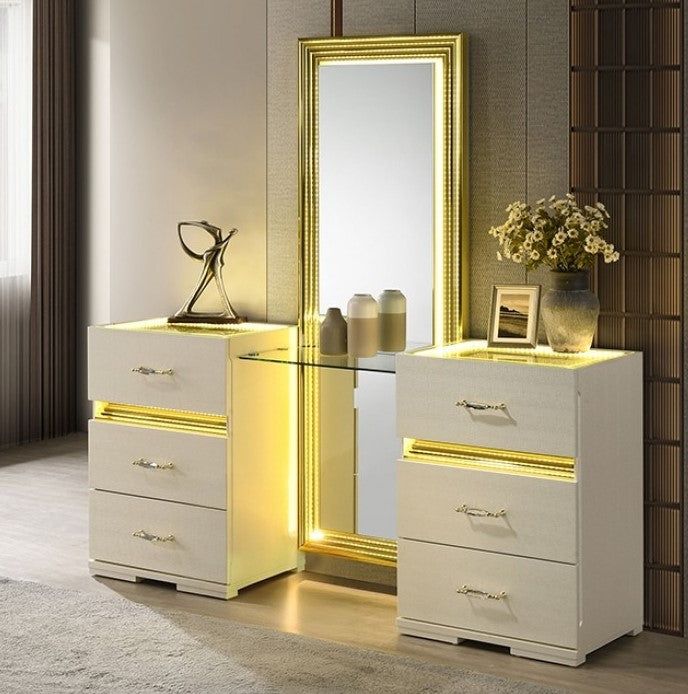 Luna Modern Beige Gold Accent Vanity Dressing table with mirror and lights in a room setting