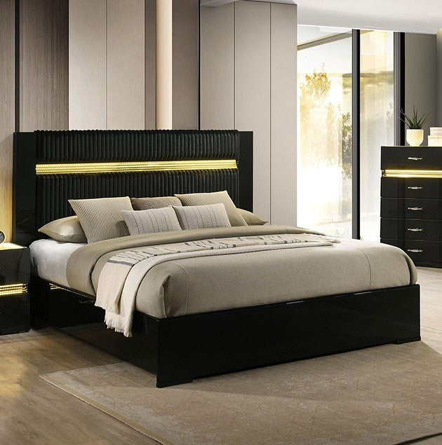 Luna Modern Black Gold Accent Led Bed Modern bedroom with a black bed frame, beige bedding, and gold accents.