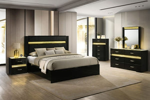Luna Modern Black Gold Accent Led Bed Modern bedroom set with black furniture and gold accents in a well-lit room.