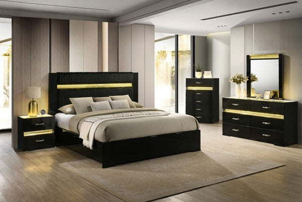 Luna Modern Black Gold Accent Led Bed Modern bedroom set with black furniture and gold accents in a well-lit room.