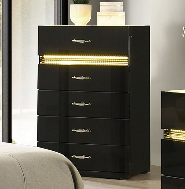 Luna Modern Black Gold Accent Led Chest Black dresser with gold accents in a bedroom setting