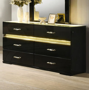 Luna Modern Black Gold Accent Led Dresser Black dresser with LED lighting in a room setting