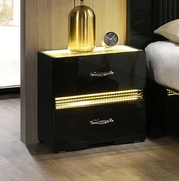 Luna Modern Black Gold Accent Led Nightstand Black nightstand with gold accents in a bedroom setting