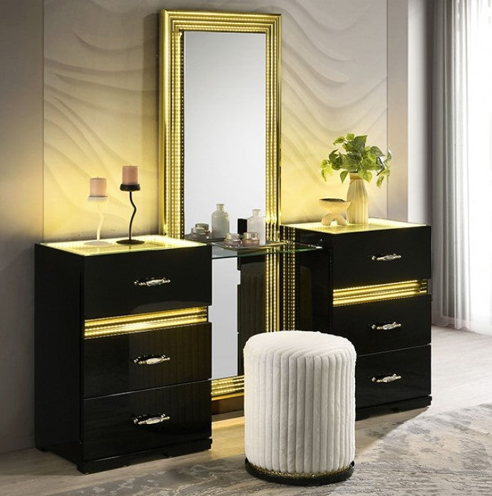 Luna Modern Black Gold Accent Vanity Modern black dresser with gold accents in a stylish room.