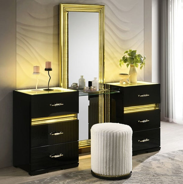 Luna Modern Black Gold Accent Vanity Modern black dresser with gold accents in a stylish room.