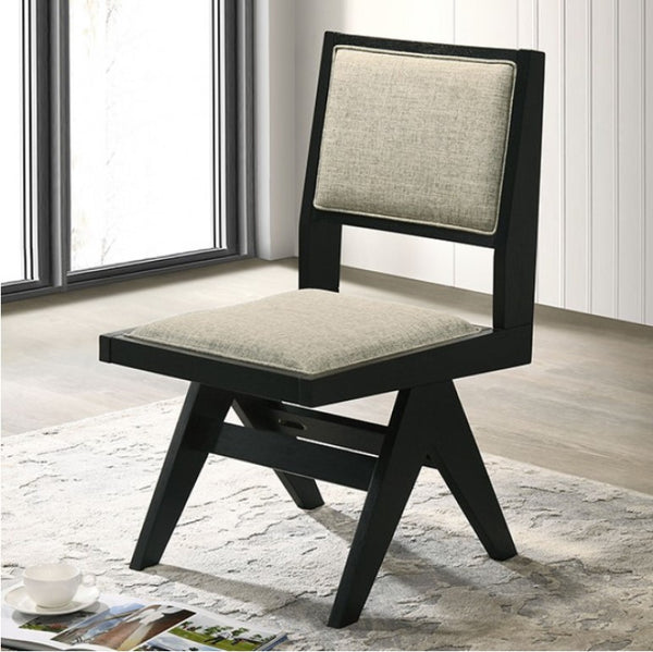Maeve Contemporary Black Finish Dining Chair Modern chair with black frame and gray cushion in a room with large windows.