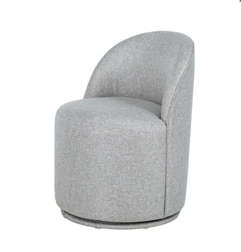 Maeve Contemporary Taupe Fully Upholstered Swivel Chair Gray upholstered chairs with a round black table on a light wood floor.