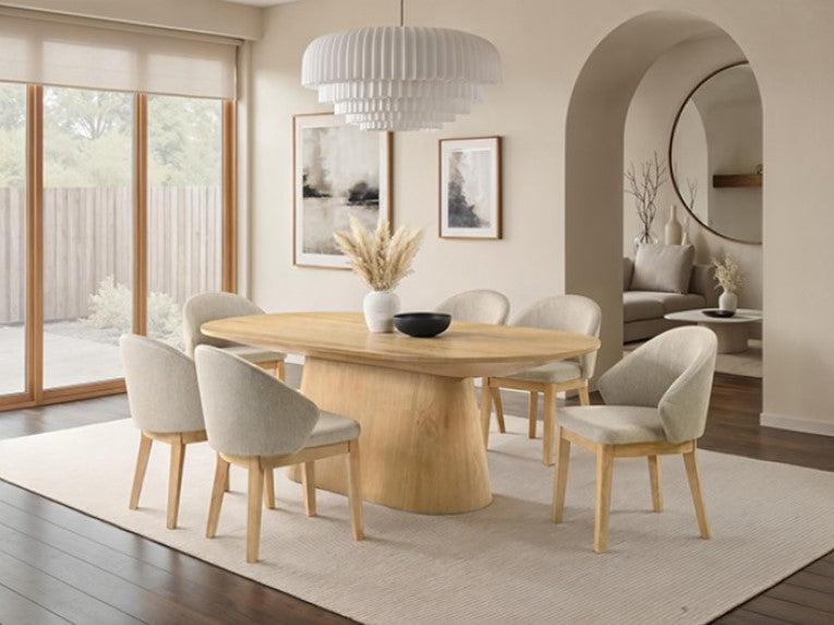 Maeve Oval Contemporary Oak Finish Dining Table Dining room with wooden table and chairs in a modern home setting