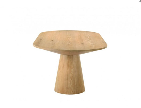 Maeve Oval Contemporary Oak Finish Dining Table Wooden table with a unique design on a white background