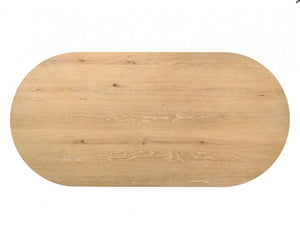 Maeve Oval Contemporary Oak Finish Dining Table Wooden bread board on a white background