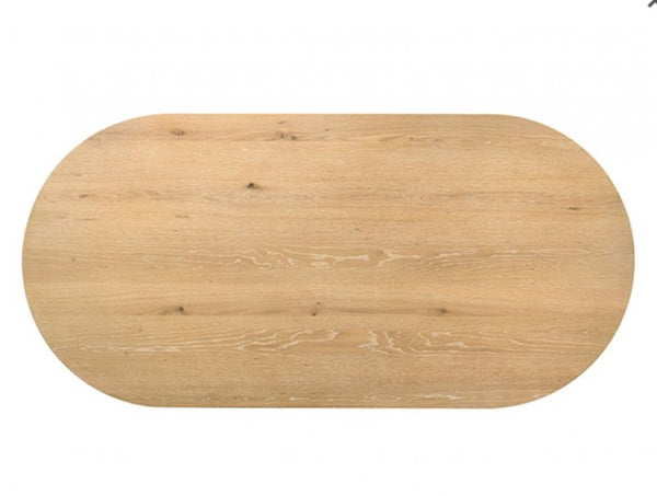 Maeve Oval Contemporary Oak Finish Dining Table Wooden bread board on a white background