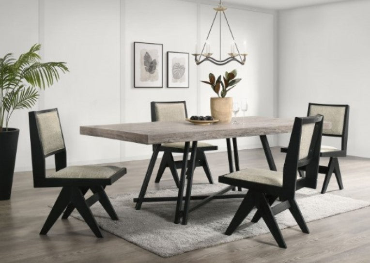 Maeve Rectangular Contemporary Black Finish Dining Table Dining room with a wooden table and black chairs on a light wood floor.