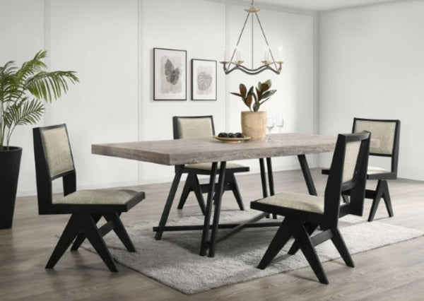 Maeve Rectangular Contemporary Black Finish Dining Table Dining room with a wooden table and black chairs on a light wood floor.