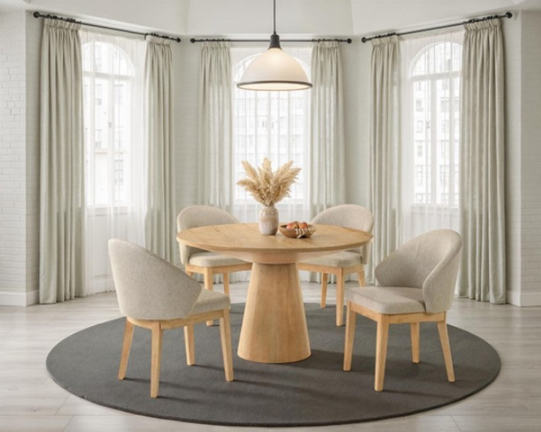 Maeve Round 48" Contemporary Oak Finish Dining Table Dining room with a wooden table and chairs in a bright room.
