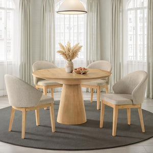 Maeve Round 48" Contemporary Oak Finish Dining Table Dining room with a wooden table and chairs in a bright room.