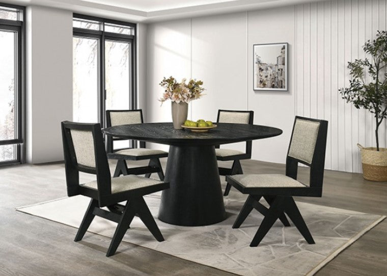 Maeve Round 48" Contemporary Black Finish Dining Table Dining room with a black round table and chairs in a modern interior setting.