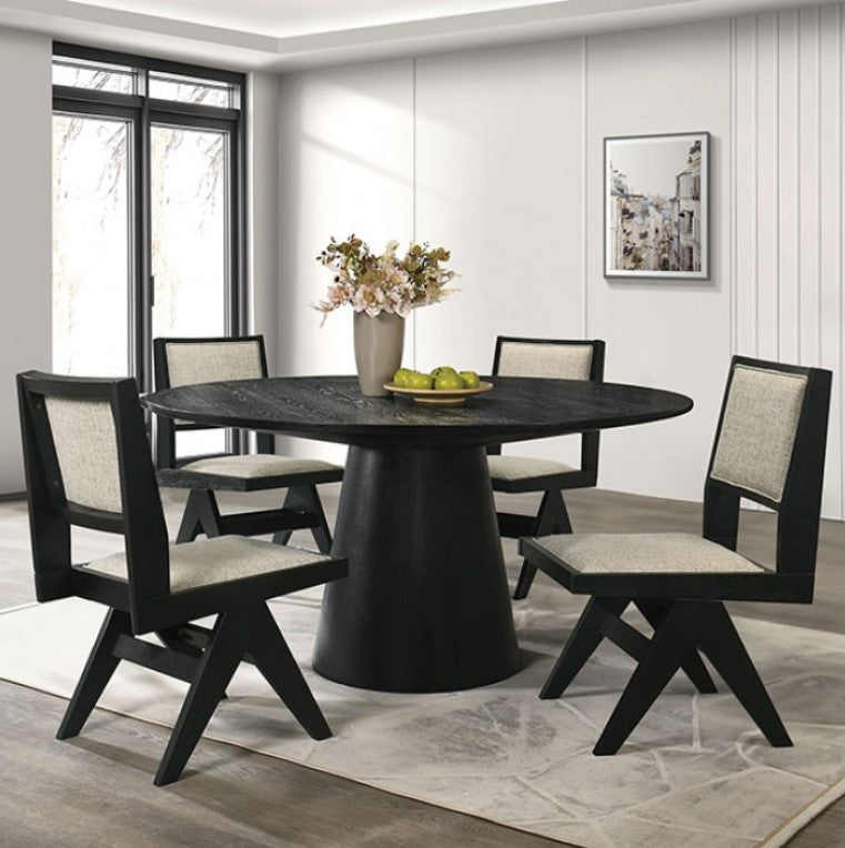 Maeve Round 48" Contemporary Black Finish Dining Table Dining room with a black round table and chairs in a modern interior setting.