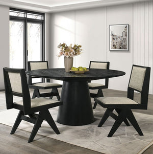 Maeve Round 48" Contemporary Black Finish Dining Table Dining room with a black round table and chairs in a modern interior setting.