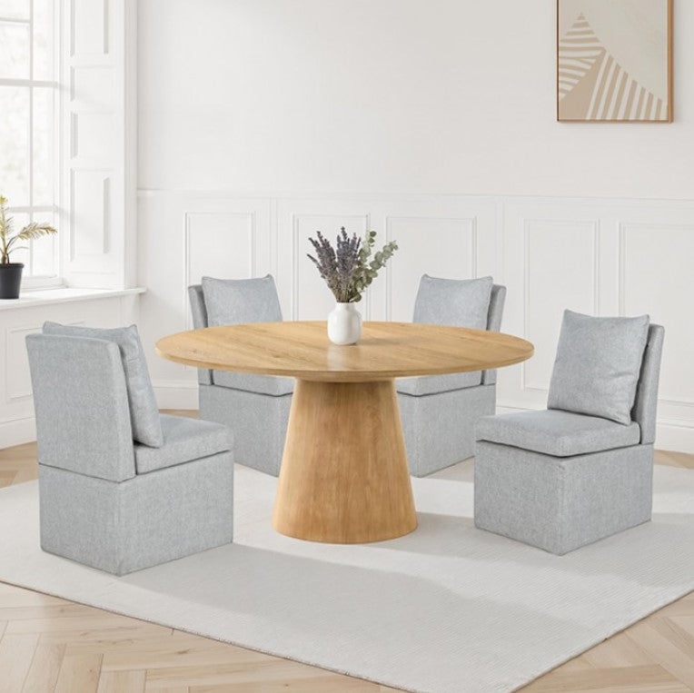 Maeve Round 48" Contemporary Oak Finish Dining Table Dining room with a wooden table and chairs in a bright room.