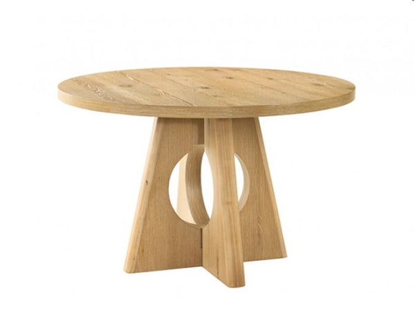 Maeve Round Organic Modern Oak Finish Dining Table Wooden round table with a unique base design on a white background