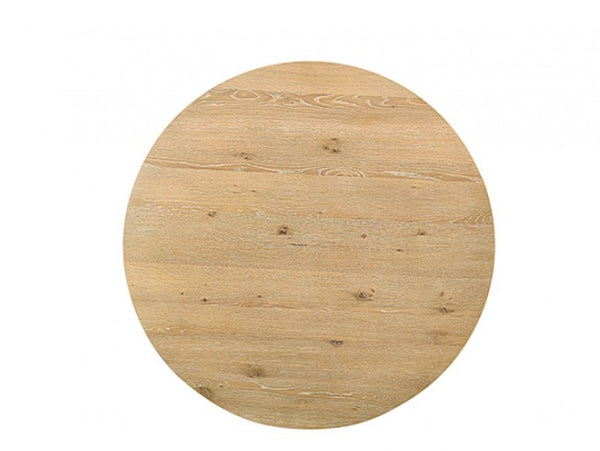 Maeve Round Organic Modern Oak Finish Dining Table Round wooden cutting board on a white background