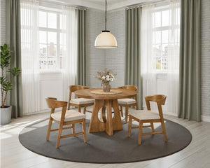 Maeve Round Organic Modern Walnut Finish Dining Table Dining room with wooden table and chairs in a well-lit room with large windows and curtains.