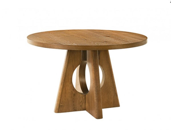Maeve Round Organic Modern Walnut Finish Dining Table Wooden round table with unique legs on a white background