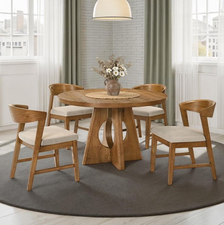 Maeve Round Organic Modern Walnut Finish Dining Table Wooden dining table with chairs in a bright room
