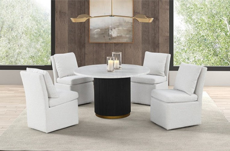 Maeve White Contemporary Modern Style Dining Chair A light gray bouclé upholstered accent chair with a square base, rounded seat cushion, and matching square back cushion, shown in a bright room with wood flooring and windows.