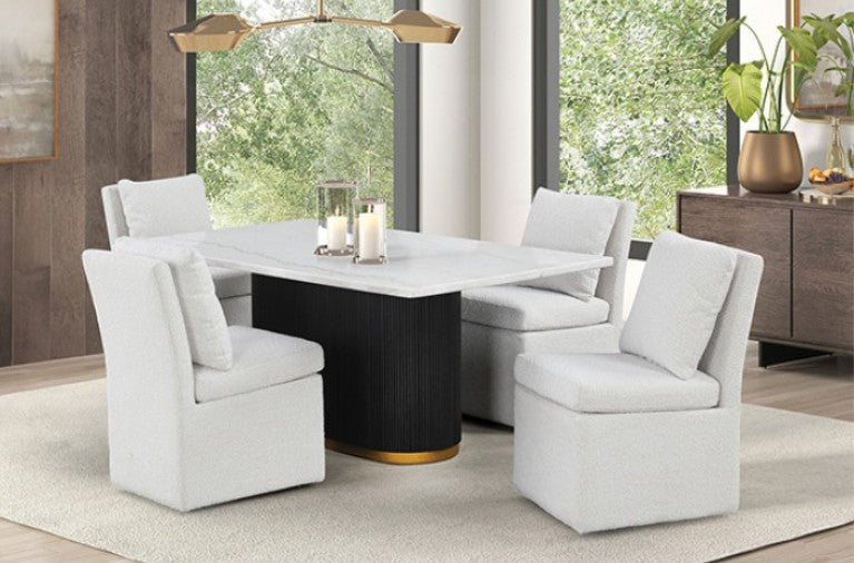 Maeve White Contemporary Modern Style Dining Chair A light gray bouclé upholstered accent chair with a square base, rounded seat cushion, and matching square back cushion, shown in a bright room with wood flooring and windows.