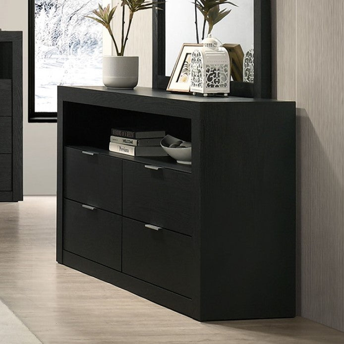 Maltari Contemporary Engineered Wood Black Finish Dresser Black dresser with decorative items in a room setting