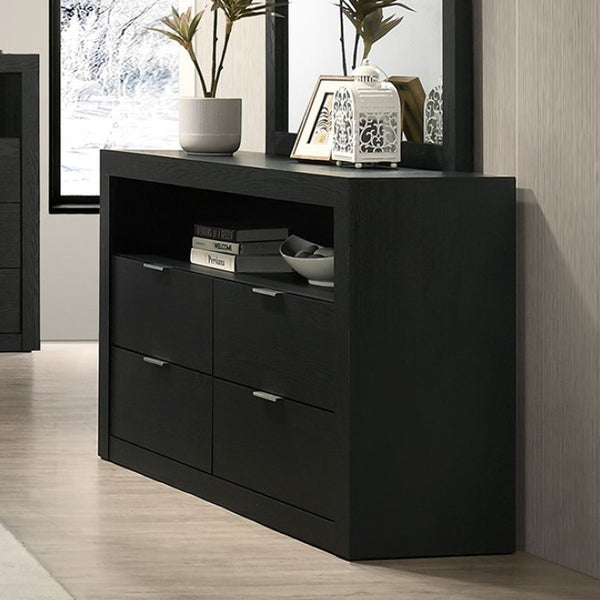 Maltari Contemporary Engineered Wood Black Finish Dresser Black dresser with decorative items in a room setting