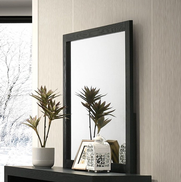 Maltari Contemporary Engineered Wood Black Finish Mirror Decorative  mirror, plants, and a lantern on a shelf against a neutral wall.