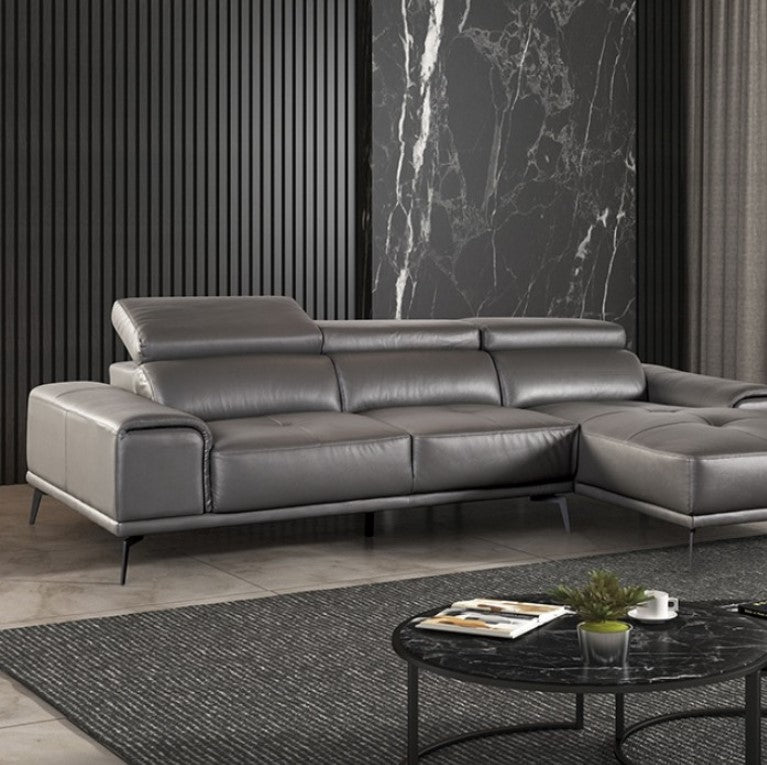Matteo Modern Style Dark Gray Adjustable Headrest Leather Sectional Sofa