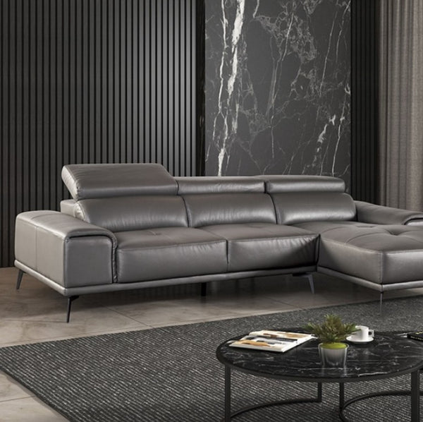 Matteo Modern Style Dark Gray Adjustable Headrest Leather Sectional Sofa